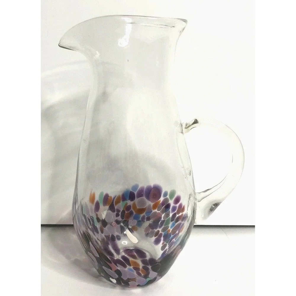 Hand Blown Art Glass Pitcher Purple Confetti Dot 10